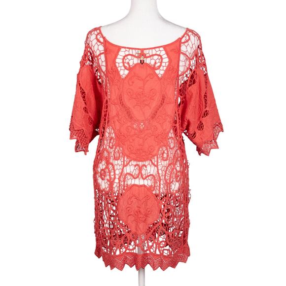 XCVI Coral Crochet Tunic Top Beach Cover-Up Size 2 Boho Festival Coastal Fairy - Picture 6 of 8